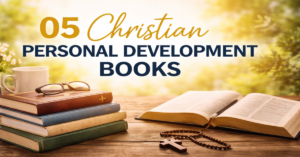 Christian personal development books for spiritual growth with Bible and peaceful reading setup