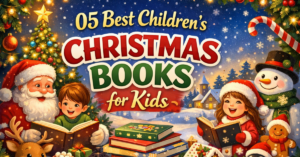 Children’s Christmas books with cozy holiday reading scene for kids