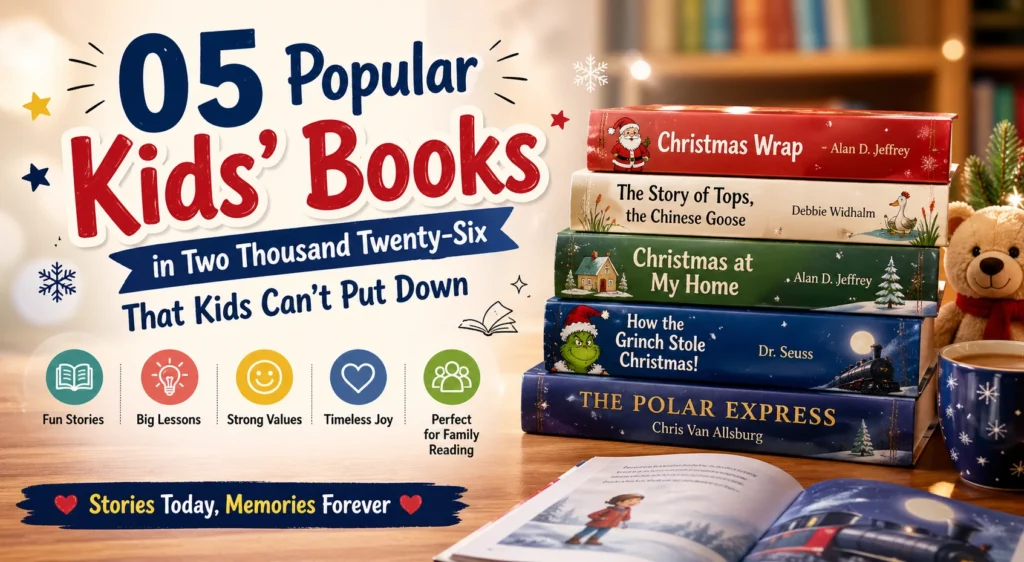 popular kids’ books stacked with a cozy, colorful reading theme for 2026.