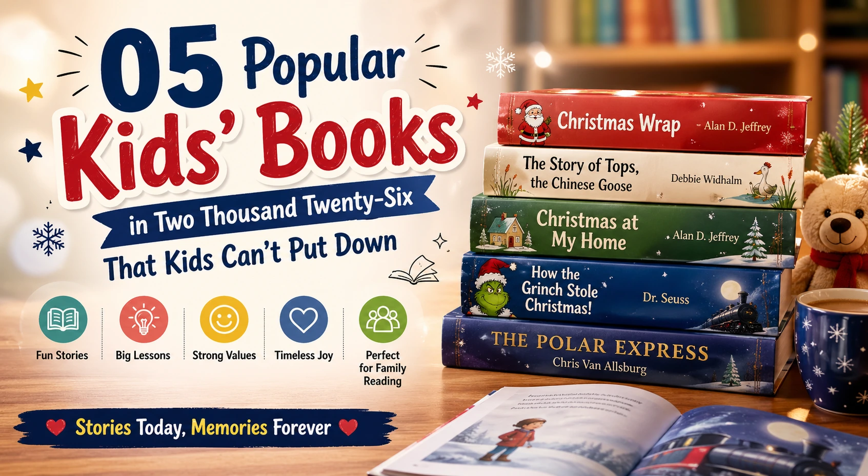popular kids’ books stacked with a cozy, colorful reading theme for 2026.